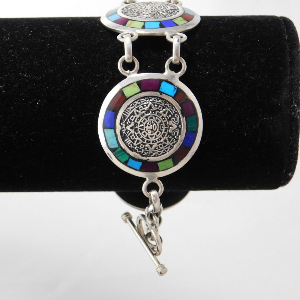 SOLD-----Vintage Mexican Bracelet Silver Aztec Sun god Turquoise Malachite Lapis
